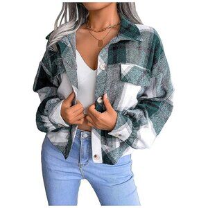Women's Fall Fashion Cropped Shacket Plaid Jackets Coat-Green Plaid